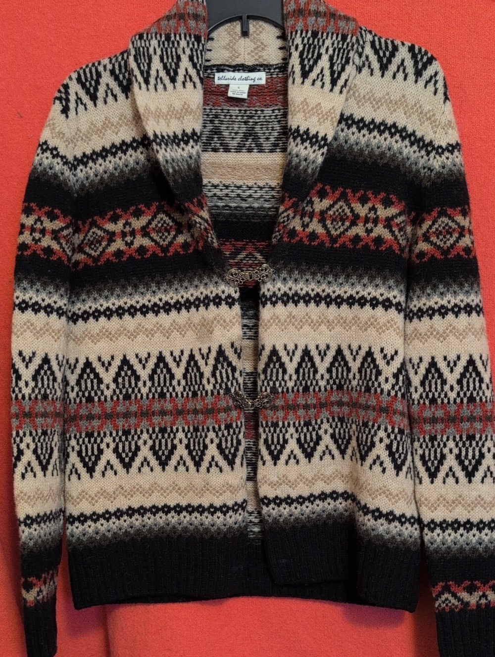 Telluride Western Fair Isle Cardigan Sweater - Beige, Black & Red Sz S